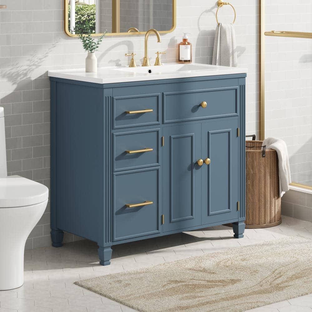 FAMYYT 30 in. Freestanding Gray Blue Bath Vanity with White
