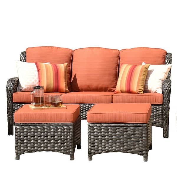 Alps Brown Wicker Outdoor Couch Patio Sofa with Orange Red Cushions and Ottoman