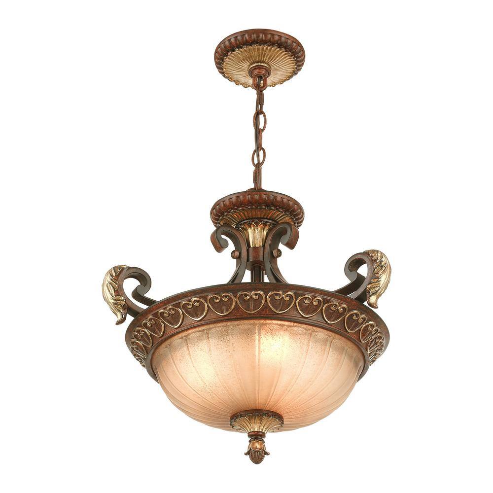 Villa Verona Rustic Art Glass 3-Light Pendant in Bronze and Gold