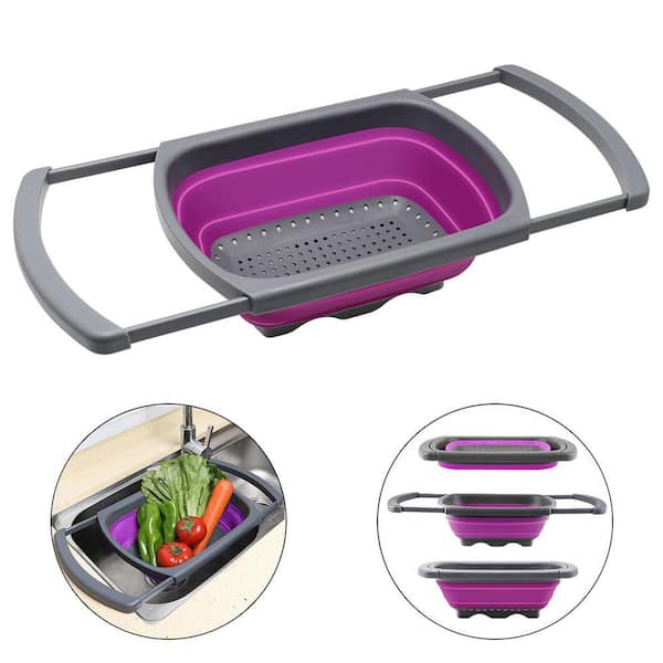 Collapsible 6 Qt. Over-Sink Strainer-Silicone Colander with Extendable Handles, Purple