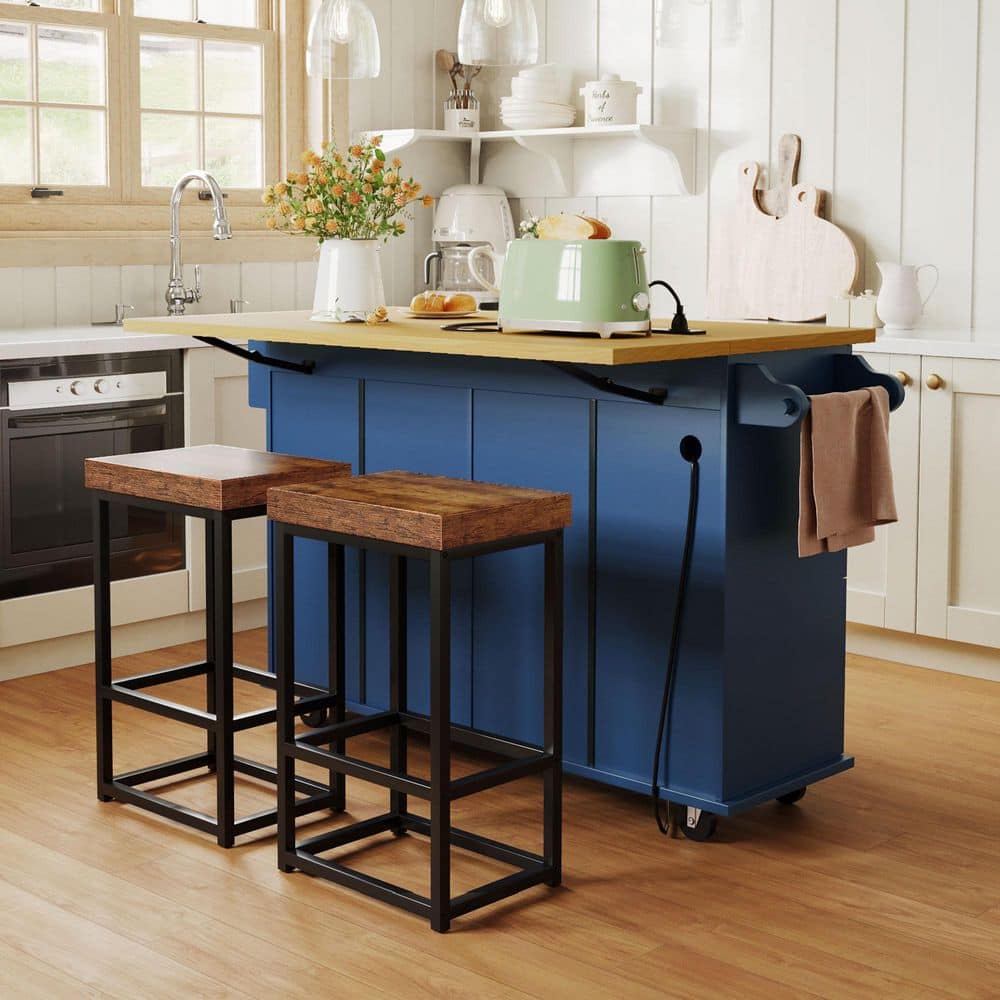 Blue Rubber Wood 50.3 in. Kitchen Island w/ Storage Cabinet,Drawers,Door Shelves, Power Outlet, Drop Leaf and 2-Seatings