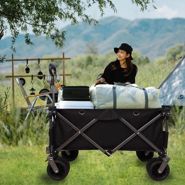Unbranded 35.5" L x 18.5" W x 11.8" H Folding Camping Beach Serving Cart for Sand with Wheels, Adjustable Handle, Drink Holders