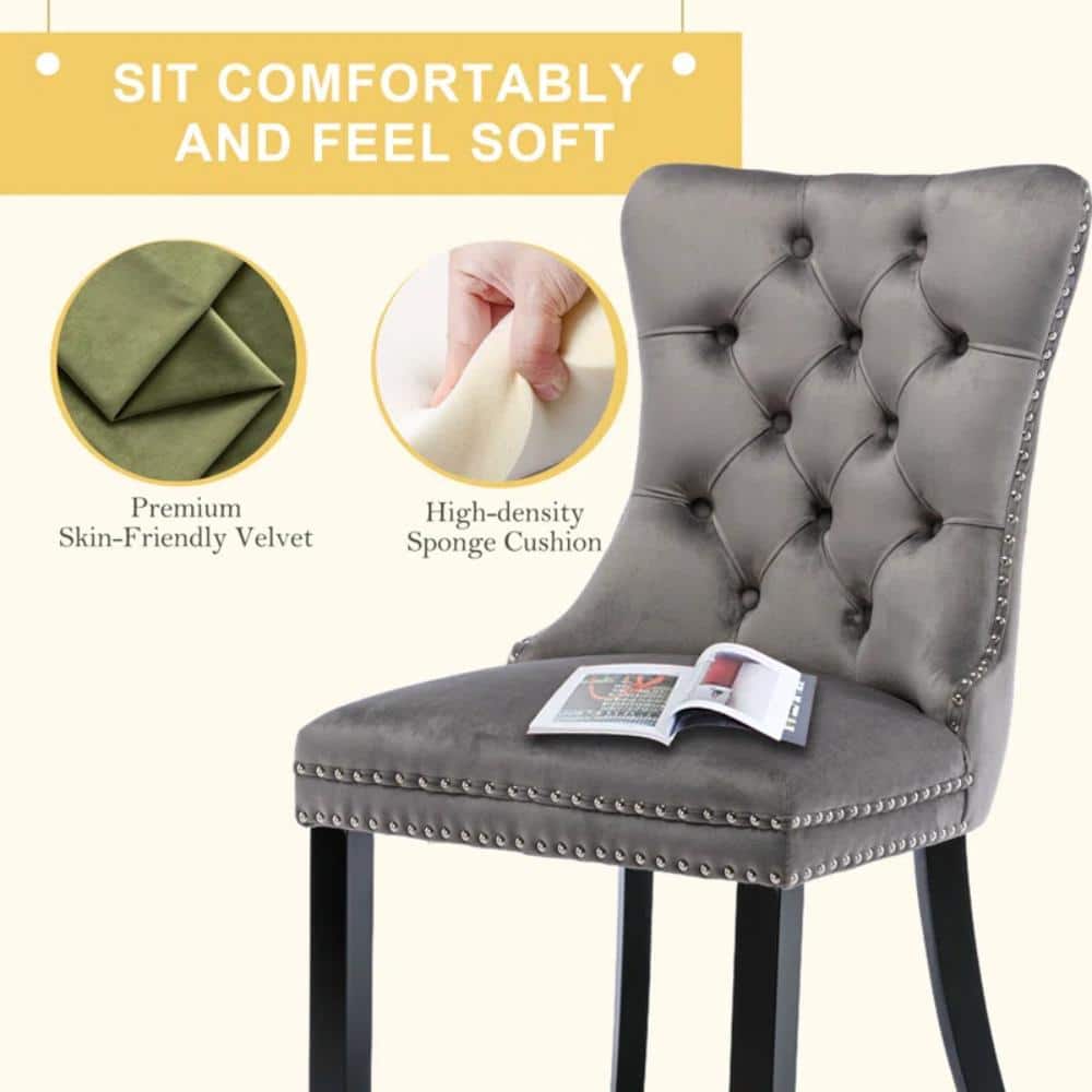 Gray Velvet Upholstered High Back Parsons Side Chairs with Wood Legs, Set of 4