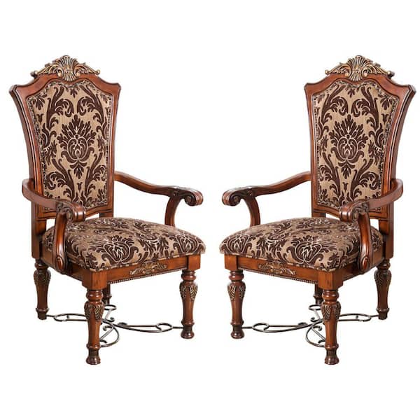 Benjara Brown Fabric Arm Chair with Floral Print (Set of 2)
