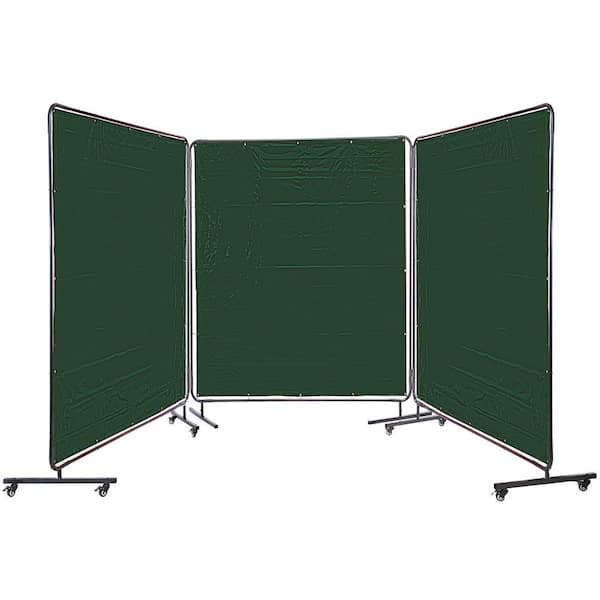 VEVOR Welding Curtain 18 ft. x 6 ft. Welding Screen Shield Flame Retardant 3 Panel with Frame and Wheels Adjustable Size,Green
