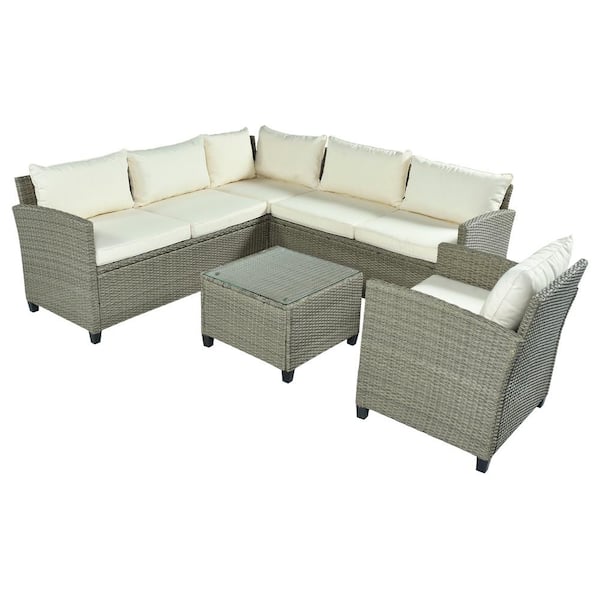 Tunearary Grey 5-Piece Patio Furniture Set with Coffee Table Beige Cushions and Single Chair