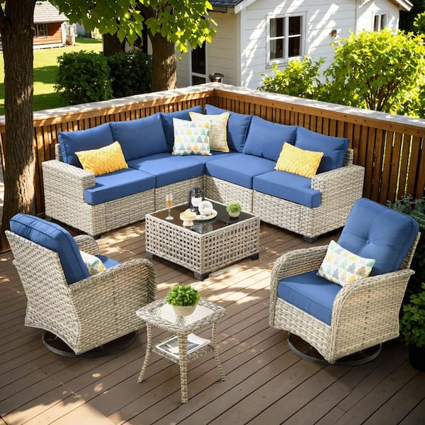 OVIOS Vinceny Gray 9-Piece Wicker Patio Conversation Seating Set with Navy Blue Cushions and Swivel Chairs