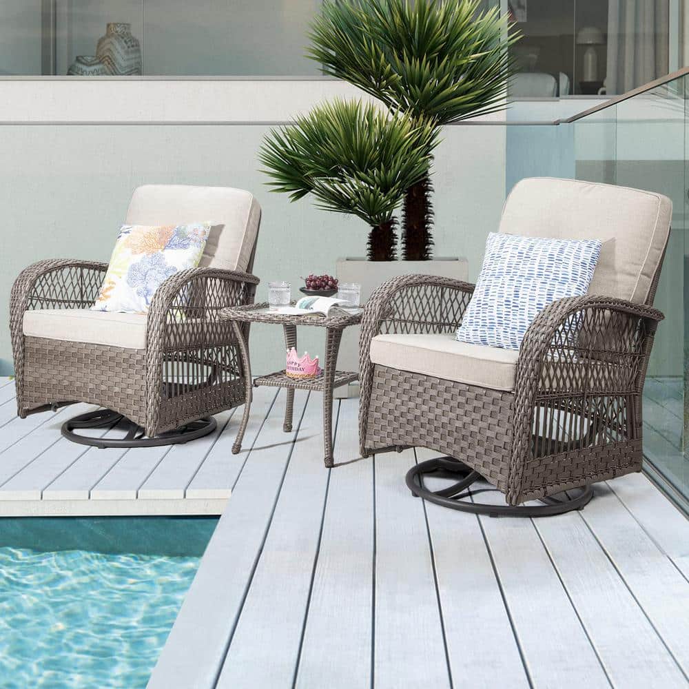 3-Piece Brown Frame Wicker Patio Outdoor Bistro Set, with Square Coffee Tab