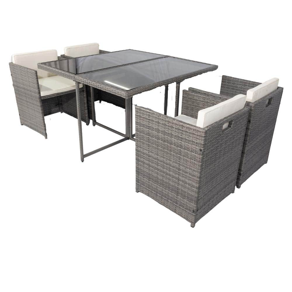 Gray 5Piece Wicker Outdoor Dining Set, Patio Glass Dining Table