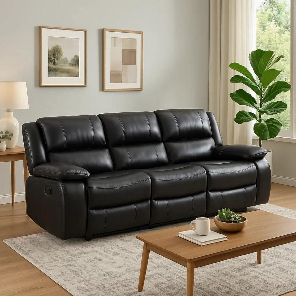 Benjara Mila 85.5 in. Pillow Top Arm Faux Leather Rectangle Recliner ...