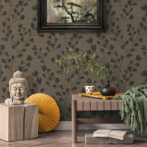 Fusion Collection Floral Trail Motif Matte Brown/Black Finish Non-pasted Vinyl on Non-woven Wallpaper Roll