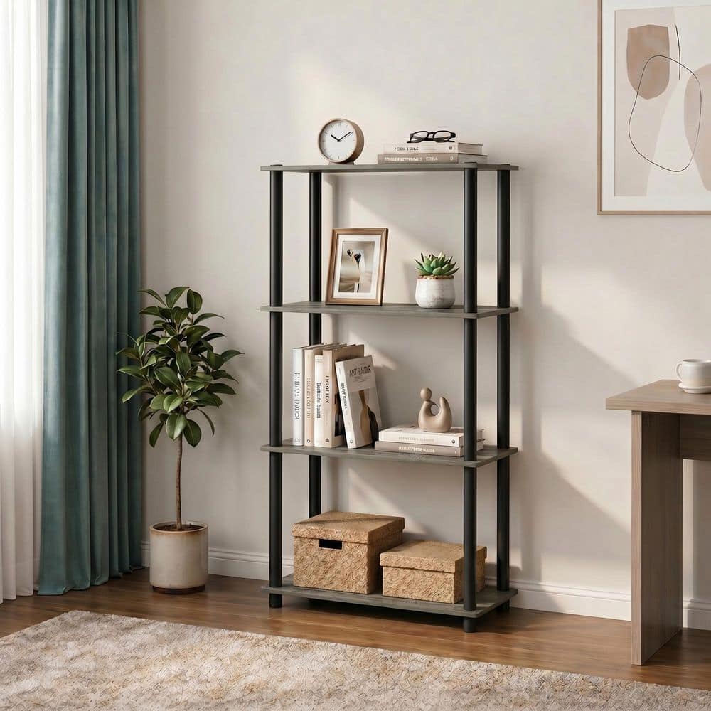 Furinno TURN-N-TUBE 43.25 in. Tall Grey Oak/Black Wood 4-Shelf