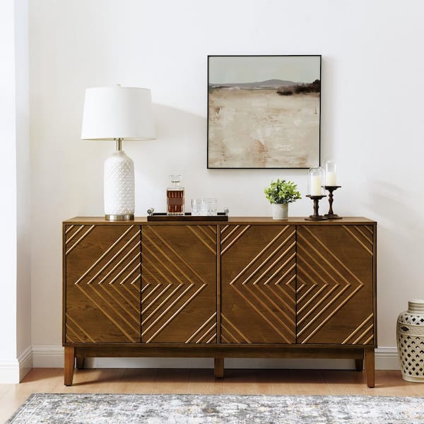 Farmhouse Antique Brown Wood 60.5 in. Sideboard with Geometric Pattern and Adjustable Shelves