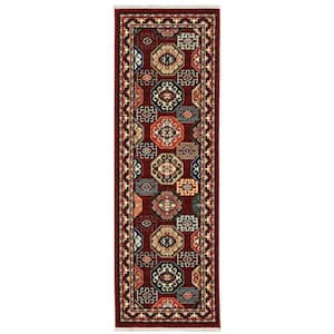 Lillian Red/Multi-Colored 2 ft. x 6 ft. Traditional Oriental Geometric Wool/Nylon Blend Fringed Indoor Runner Area Rug