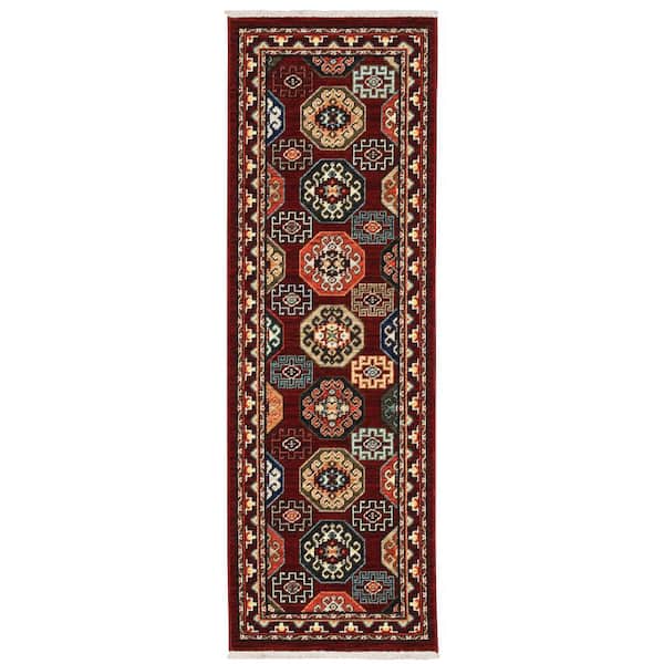 AVERLEY HOME Lillian Red/Multi-Colored 2 ft. x 6 ft. Traditional Oriental Geometric Wool/Nylon Blend Fringed Indoor Runner Area Rug