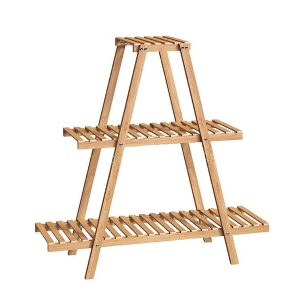 3-Tier Natural Bamboo Plant Stand, Indoor Outdoor Ladder Rack Holds 8-Pots, Space-Saving Patio Garden Shelf