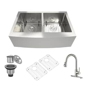 33 in. Farmhouse/Apron-Front Double Bowl 18 Gauge Stainless Steel Kitchen Sink with Faucet, Bottom Grid, Strainer Basket