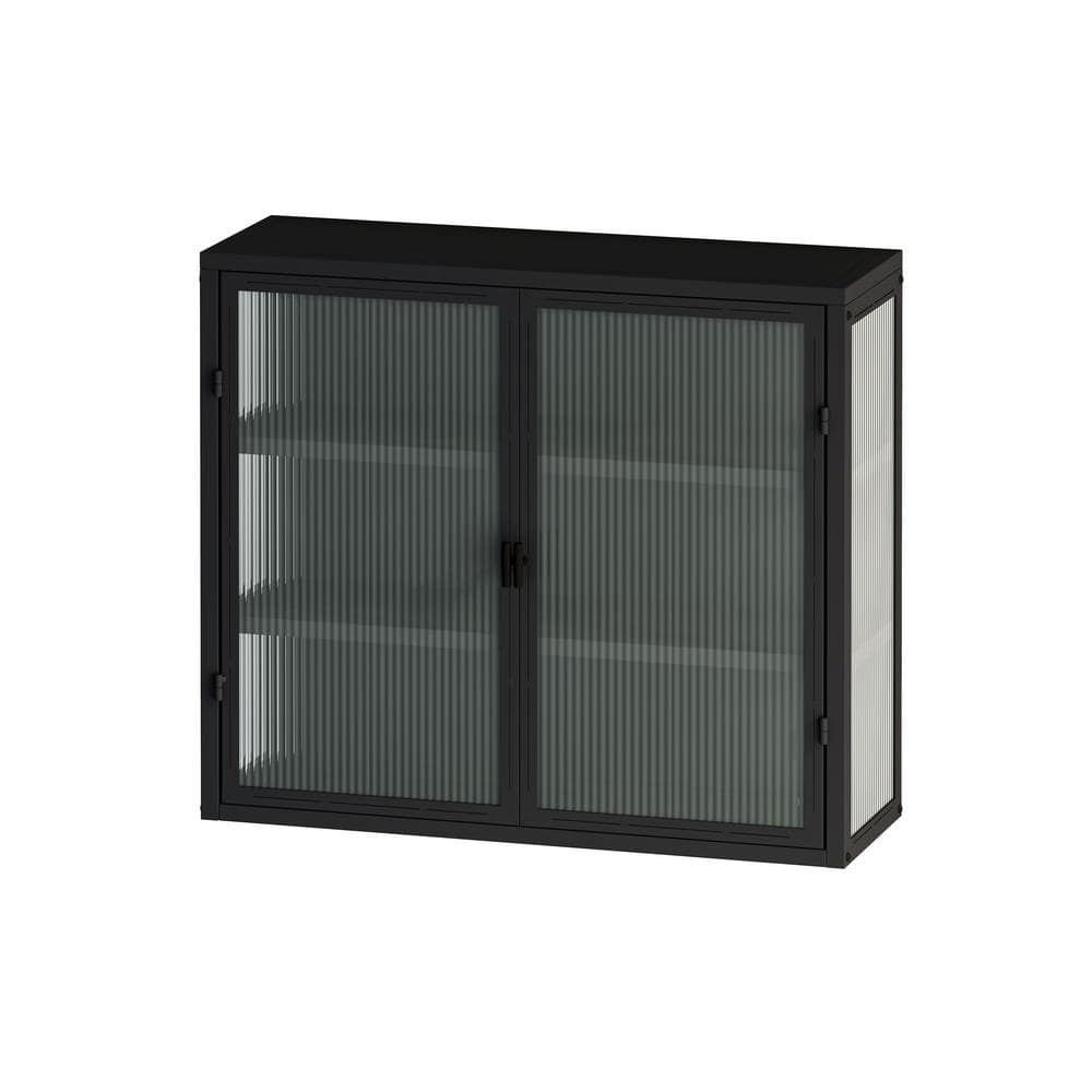 3-Shelf Metal Pantry Organizer with Two Glass Doors in Matte Black ...