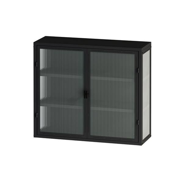 Unbranded 3-Shelf Metal Pantry Organizer with Two Glass Doors in Matte Black