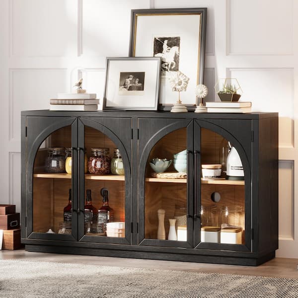 Retro Black Solid Wood 60 in. Sideboard Buffet Cabinet with 4 Glass Doors and Adjustable Shelves Kitchen Storage Cabinet