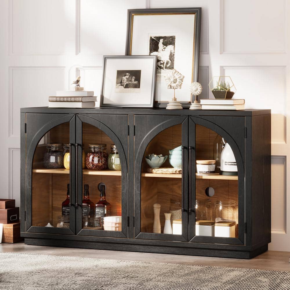 Retro Black Solid Wood 60 in. Sideboard Buffet Cabinet with 4 Glass Doors a