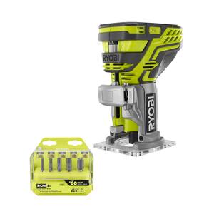 RYOBI ONE+ 18V Cordless Fixed Base Trim Router (Tool Only) with Straight Router Bit Set