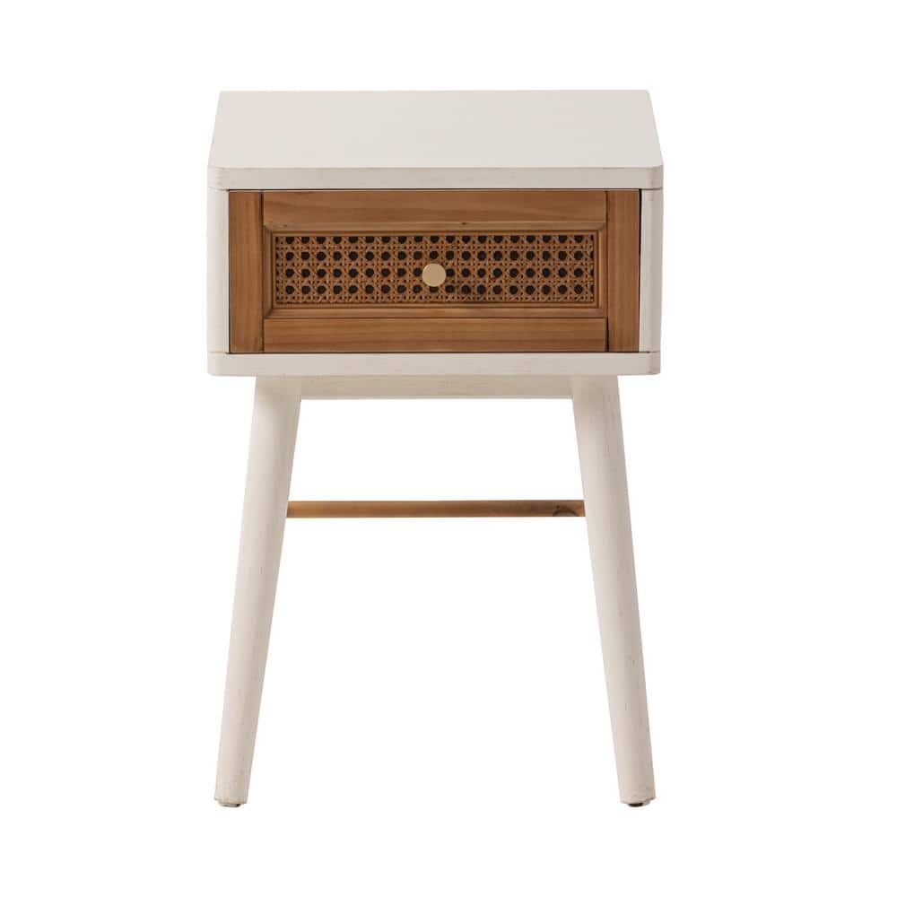 Coastal Chic Distressed White Woven Cane Nightstand with Brass Knobs