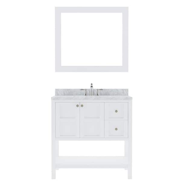 Virtu USA Winterfell 36 in. W x 22 in. D x 36 in. H Single Sink Bath Vanity in White with Marble Top and Mirror