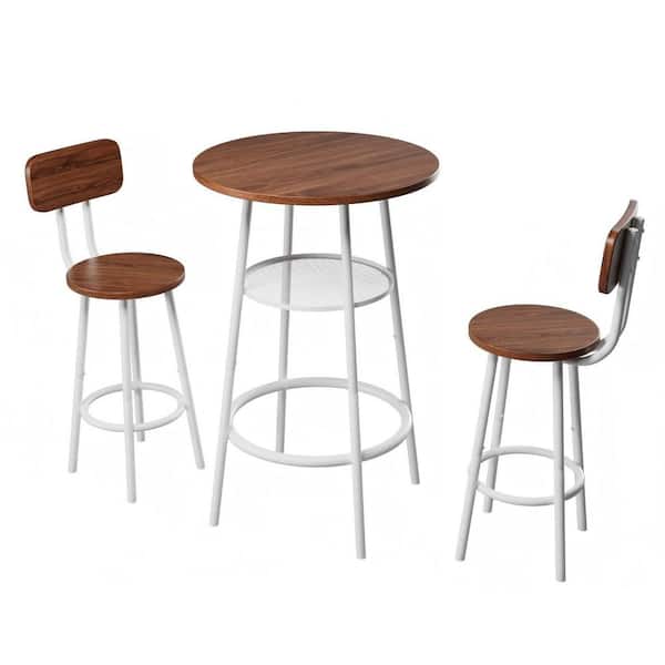 3-Piece Brown MDF Round Bar Table Set Dining Table for 2 Breakfast Table with Storage 2 Stools with Backrest Bistro Set