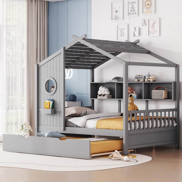 Merle Modern Gray Full Size Wooden Kids House Bed Platform Bed with Trundle and Storage Shelves
