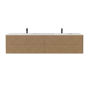 Lotus 71 in. W. x 22 in. D x 22 in. H Oak Wall mount Double Sink Bathroom Vanity with White Solid Surface Integrated Top