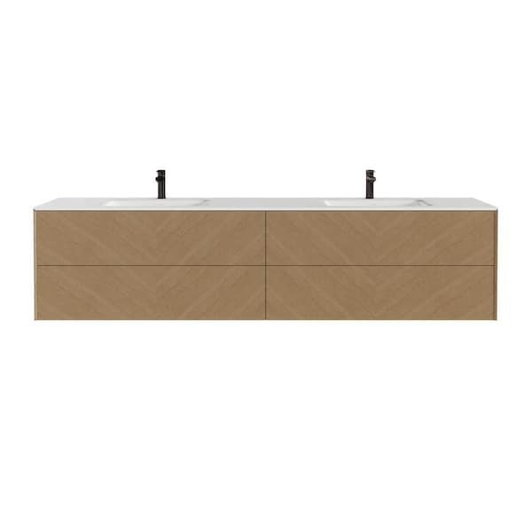 Eviva Lotus 71 in. Double Sink Floating Natural Oak Bath Vanity with White Solid Surface Top (Assembled)