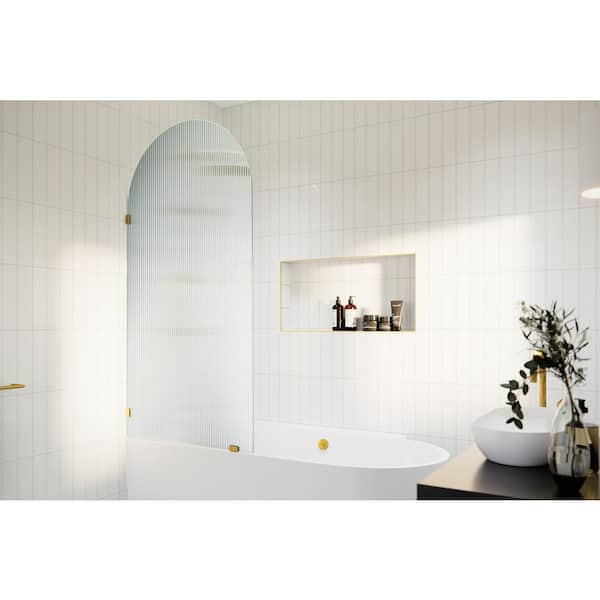 Glass Warehouse Venus 34 in. W x 66.75 in. H Single Fixed Frameless Arched Fluted Tub Door in Satin Brass without Handle
