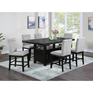 Yves Black Wood Counter Height Storage Dining Set 7-Piece with 6-Gray-Upholstered Side Chairs and 1 14 in. Leaf