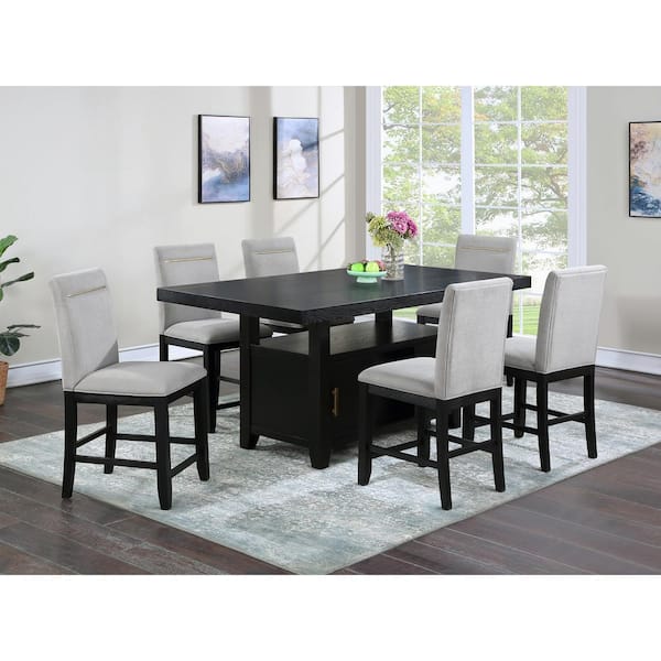 Steve Silver Yves Black Wood Counter Height Storage Dining Set 7-Piece with 6-Gray-Upholstered Side Chairs and 1 14 in. Leaf