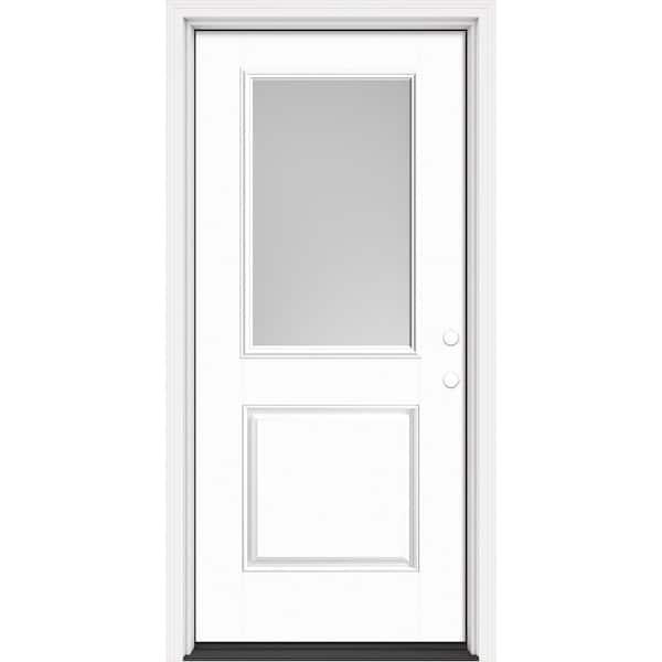 Masonite Performance Door System 36 in. x 80 in. 1/2 Lite Pearl Left-Hand Inswing White Smooth Fiberglass Prehung Front Door