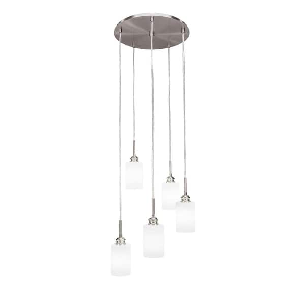 Unbranded Albany 60-Watt 19.75 in. 5 Light Nickel Shaded Pendant Light with 4 in. White Matrix Glass Shade, No Bulbs Included