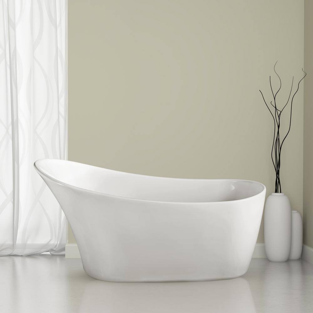 67" Glossy White Freestanding Acrylic Soaking Tub with Bamboo Tray