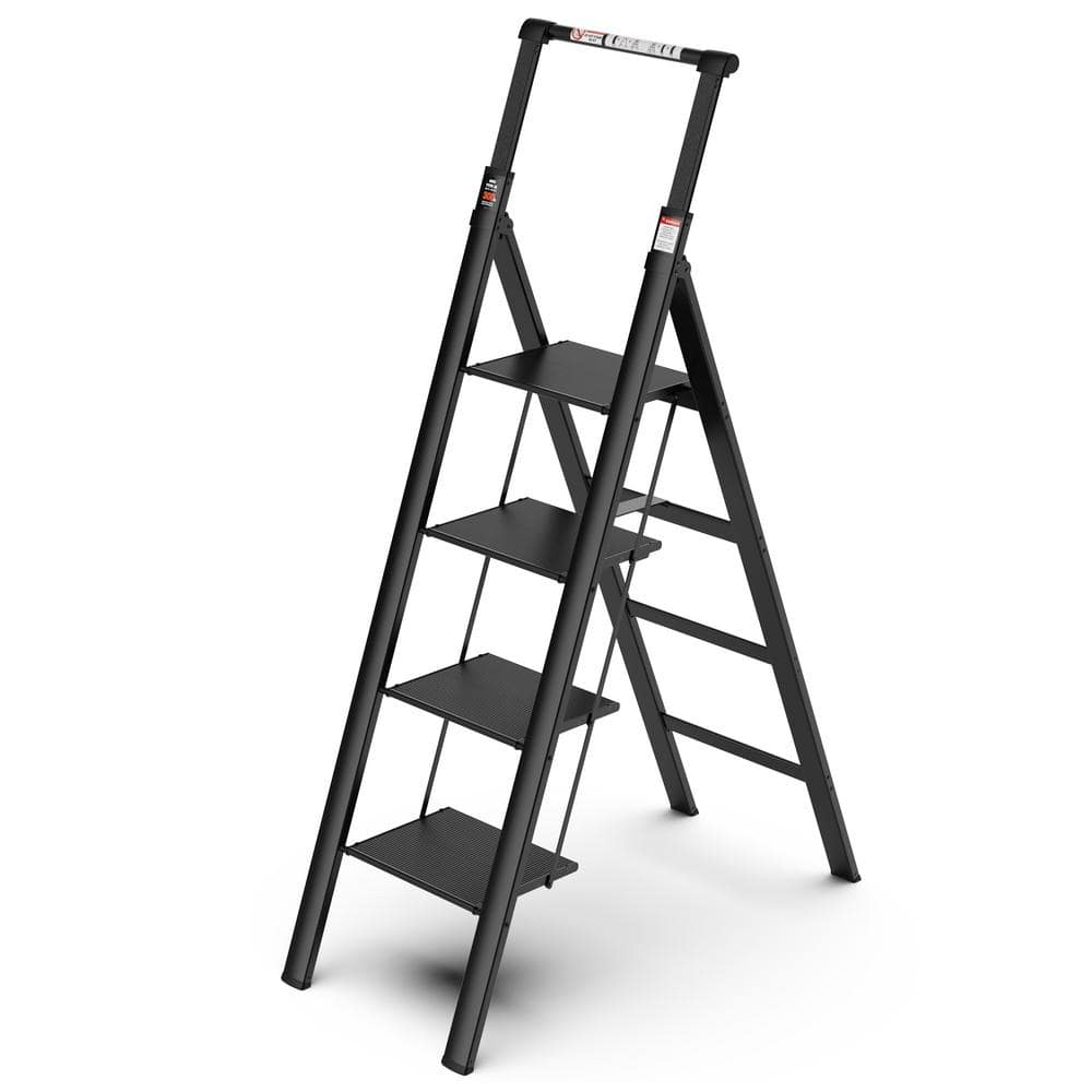 maocao hoom 4 Step Aluminum 300lbs Safety Household Ladder, Retractable Handgrip Folding Step Stool with Anti-Slip Wide Pedal