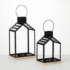 22.25 in. - 17 in. Black Metal Modern Lantern Set of 2