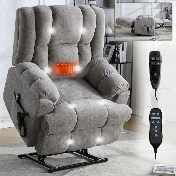 Light Grey Dual Motor Heat Massage Chenille Power Lift Recliner with Medium-firm and Heavy Duty, Up to 350 lbs.