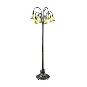 12-Light Gold Lily 63 in. Antique Bronze Verde Floor/Torchiere Lamp with Hand Blown Art Glass Shade