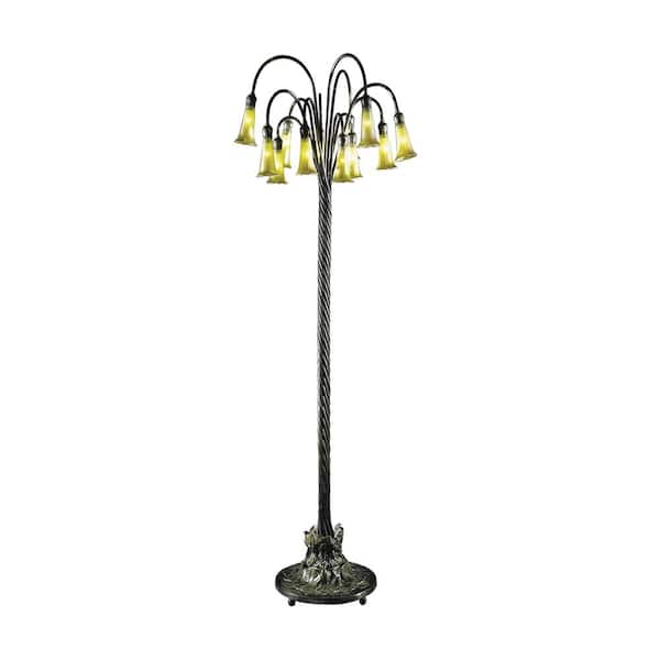 Dale Tiffany 12-Light Gold Lily 63 in. Antique Bronze Verde Floor/Torchiere Lamp with Hand Blown Art Glass Shade