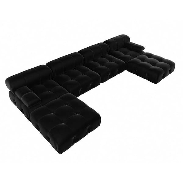 138.61 in. Square Arm 6-piece U Shaped Velvet Modular Free Combination Sectional Sofa with Ottoman in. Black