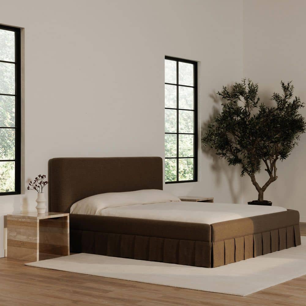 Lenora Brown Wood Frame Upholstered Queen Platform Bed with Pleated Tennis Skirt Base price history on PriceWatchPro