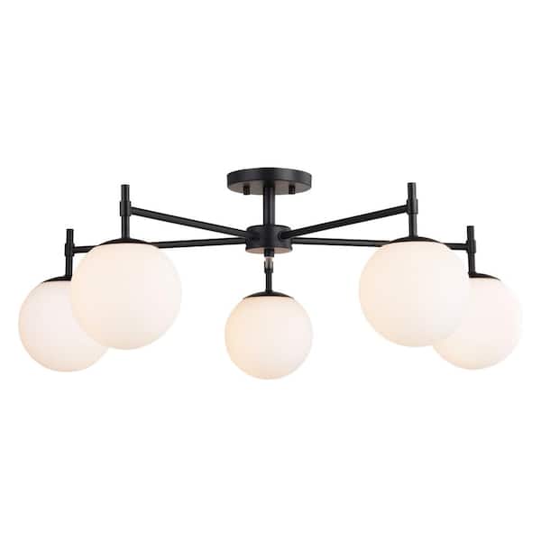 VAXCEL Armitage 32 in. W Matte Black Semi Flush Mount Ceiling Light Fixture White Glass Globe Shade, LED Compatible