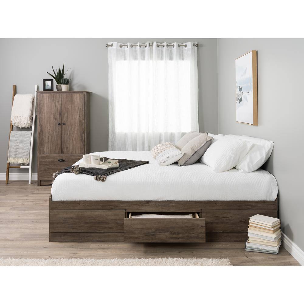 Queen Drifted Gray Wood Platform Storage Bed with 6 Drawers