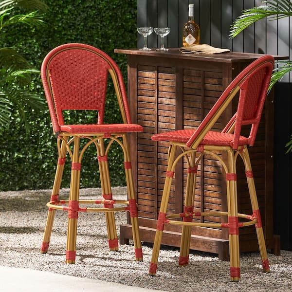 Flynama Set of 2 29.5 in. Outdoor PE Rattan and Aluminum French Barstools in Red