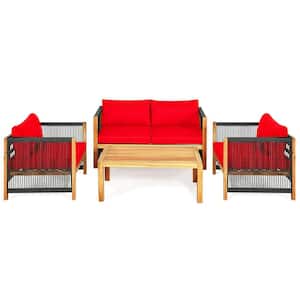 4-Pieces Acacia Wood Sofa Set with Red Cushions for Outdoor Patio,Free Combination of Set