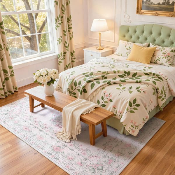 Boho Vintage Floral Plant Washable Pink Stain Resistant Non Slip Backing 5 ft. x 7 ft. Area Rug